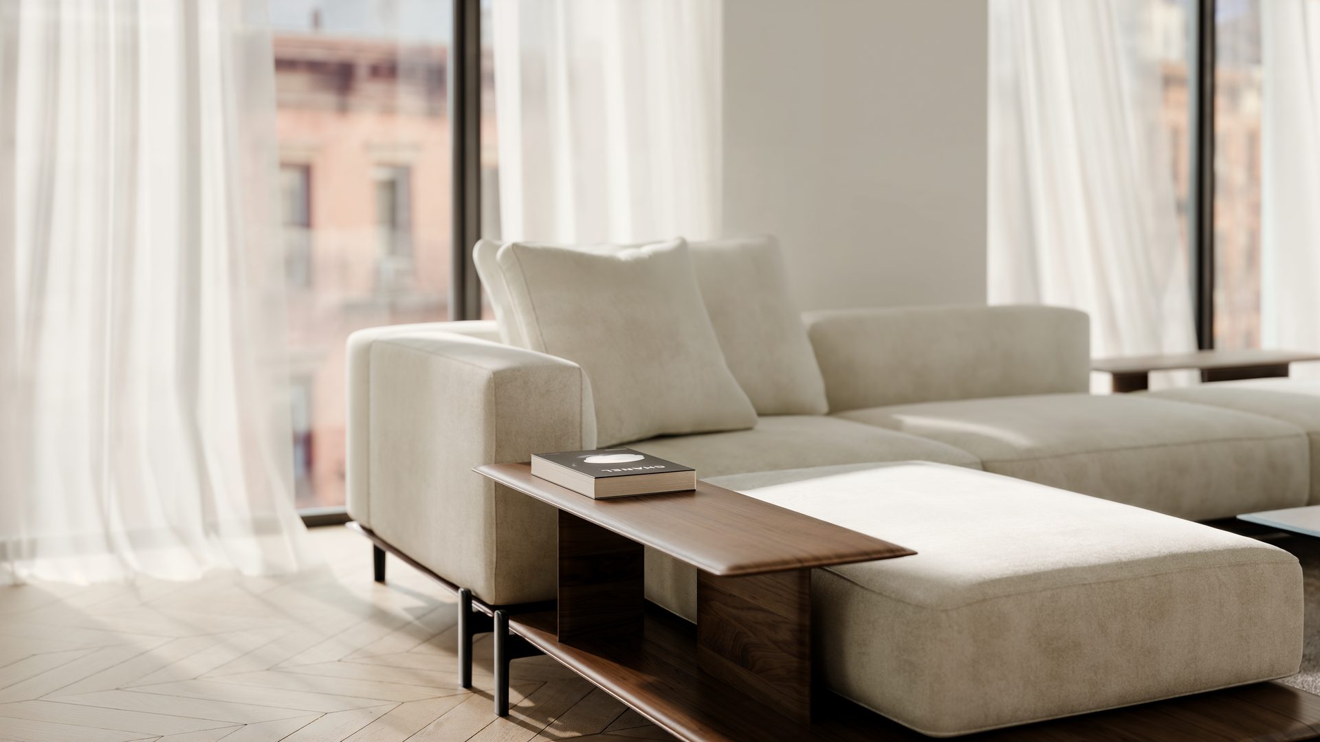 Living room sofa and side table by sheer curtains