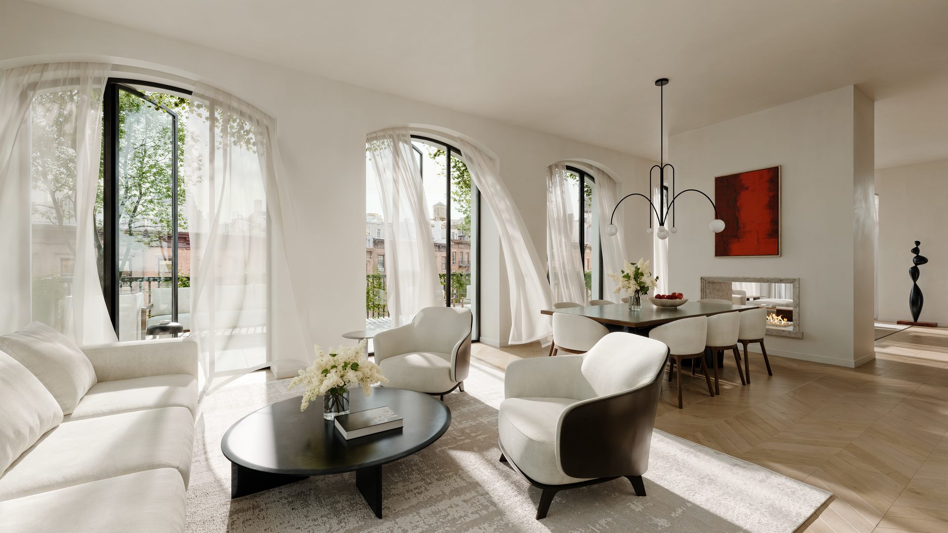 Living and dining room under arched windows