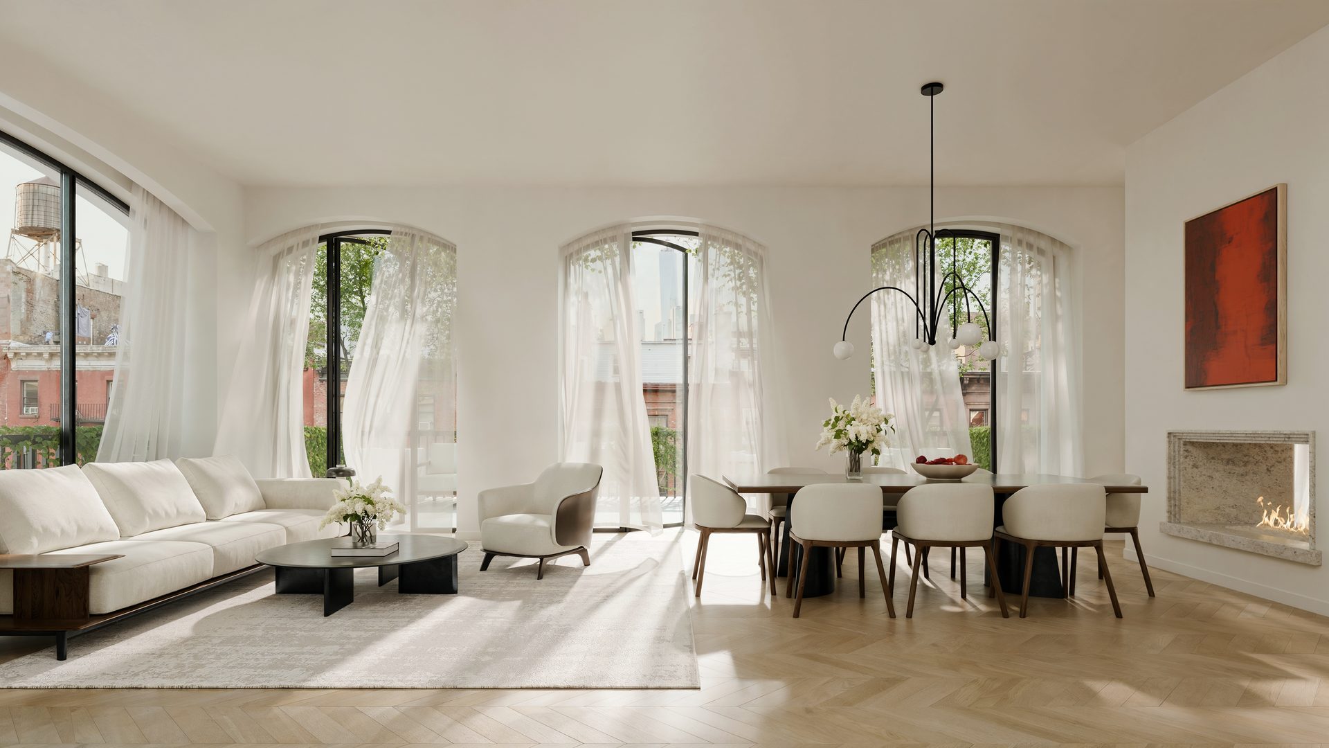 Open living and dining room with fireplace